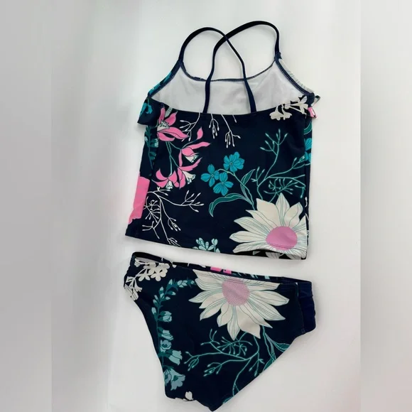 Girls Navy Floral Two-Piece Tankini Swim Set - Pink & Teal Size 12 - Picture 5 of 5